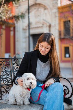 Smiling girl looking at her dog while they are sitting on a bench in the city