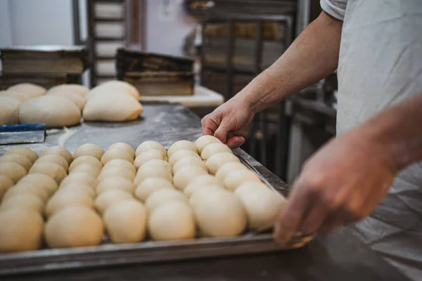 Baker Man Holding Metal Tray Full Balls Bread Dough Kitchen — Stock Photo, Image