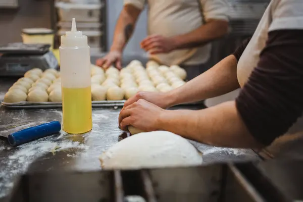 Baker Woman Kneading Bread Dough Kitchen Artisan Bakery — Stock Photo, Image