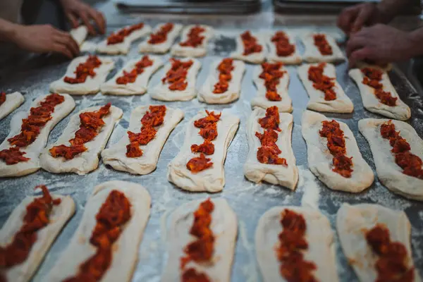 Shot Several Uncooked Chorizo Bread Sticks Enrolled — Stock Photo, Image