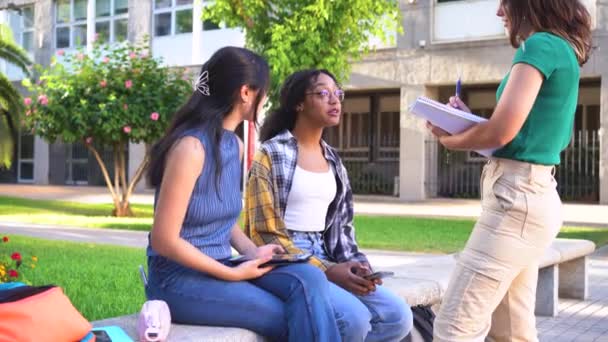 Tři Vysokoškoláci Klábosí Zatímco Dávají Pauzu Vyučování — Stock video