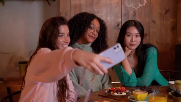Group Smiling Young Women Taking Selfie Photo Smart Phone Having — Stock Video