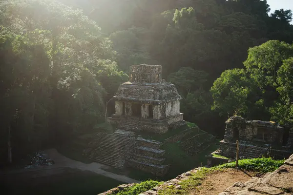 Beautiful shot of Temple of the Sun in mayan ruins in the site of Palenque, Mexico.