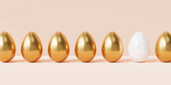 Easter Eggs Decorated Gold Texture Row Beige Background Realistic Render Rechtenvrije Stockafbeeldingen