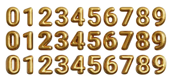 Conjunto Globos Inflados Dorados Números Dígitos Con Variaciones Ángulo Renderizar Fotos De Stock