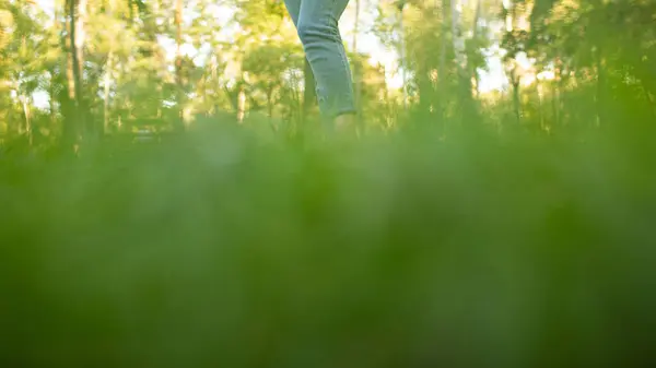 Uzun yeşil çimlerde çıplak insan ayağının yan görüntüsü. Yaz rahatlama, doğal bağlantı, çevre dostu yaşam tarzı ve özgürlük kavramı.