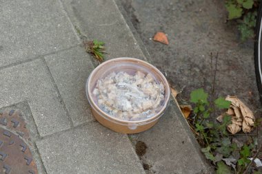 Tek kullanımlık yiyecek konteynırı. Kalıntılar kaldırımın kenarına konmuş..