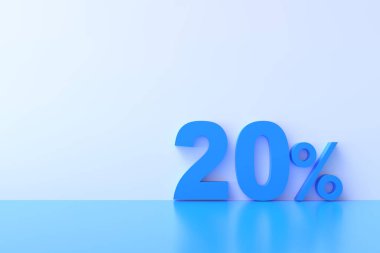 Üç boyutlu görüntüleme. Pastel mavi arka planda mesajlaşma için% 20 indirimli. Özel Teklif% 20 indirim etiketi. Süper satış teklifi ve en çok satanlar. 