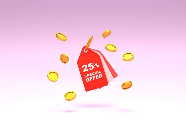 3D Rendering. Price tag with 25 percent discount and surrounded with coins on pastel pink background. Special Offer 25% Discount Tag. Super sale offer and best seller.
