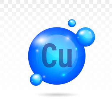 Mineral Cu Copper blue shining pill capsule icon. Substance For Beauty, Cosmetic, Heath Promo Ads Design. 3D Mineral Complex. Vector illustration