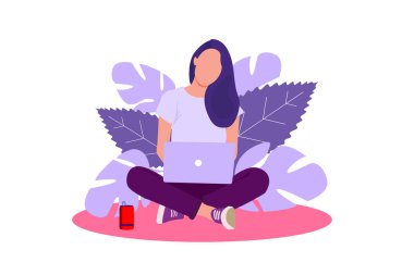 Dizüstü bilgisayarı olan bir kadın doğada oturuyor ve gidiyor. Çalışmanın, serbest çalışmanın, eğitimin, eğitimin, evden çalışmanın bir göstergesi. Çizgi film tarzında vektör illüstrasyonu.
