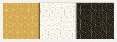 Altın, beyaz ve siyah renklerde basit geometrik, pürüzsüz desenlerin toplanması. Vektör illüstrasyonu