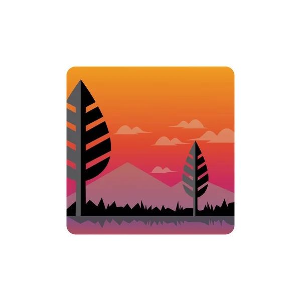 Landscape mountain and lake leaf trees in the evening coloring vector illustration design.