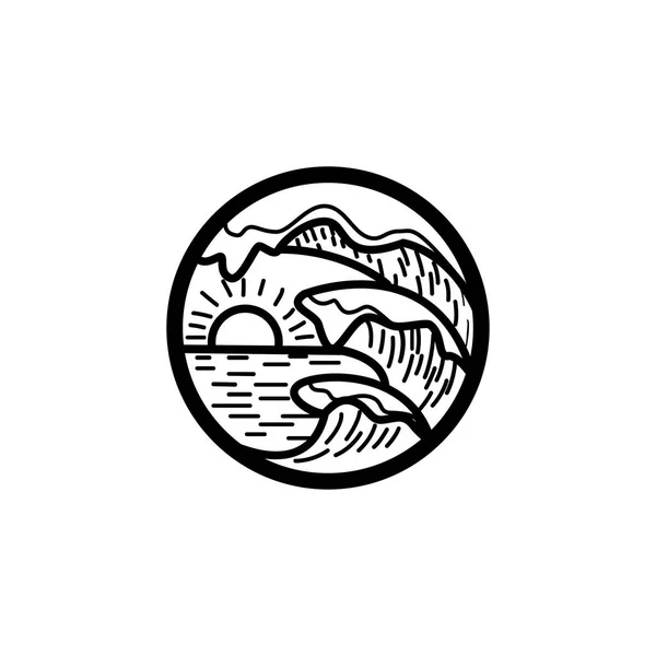 Sea Water Waves Nature Sun Circle Logo Design Illustration Vector — Stock Vector