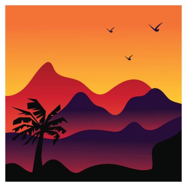 Doğal arka plan, öğleden sonra ağaçları ve uçan kuşlar, renklendirme vektörü çizimi.