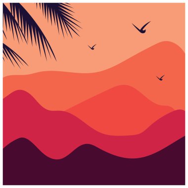 Doğal arka plan, öğleden sonra ağaçları ve uçan kuşlar, renklendirme vektörü çizimi.