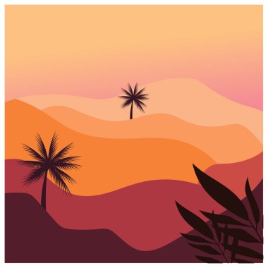 Doğal arka plan, öğleden sonra ağaçları ve uçan kuşlar, renklendirme vektörü çizimi.