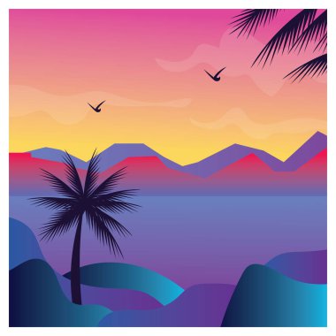 Doğal arkaplan, günbatımı, hindistan cevizi ağacı, dağ, renk vektörü çizimi