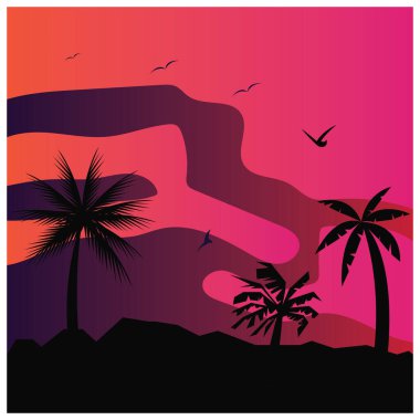 Doğal arkaplan, günbatımı, hindistan cevizi ağacı, dağ, renk vektörü çizimi