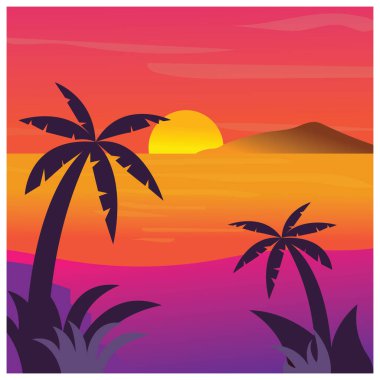 Doğal arkaplan, günbatımı, hindistan cevizi ağacı, dağ, renk vektörü çizimi