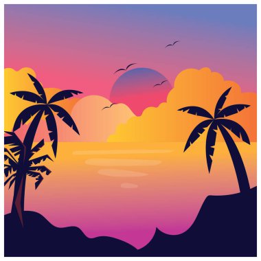 Doğal arkaplan, günbatımı, hindistan cevizi ağacı, dağ, renk vektörü çizimi