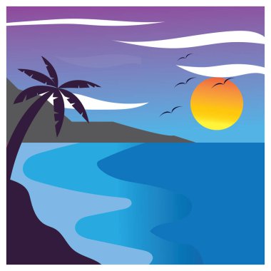 Doğal arkaplan, günbatımı, hindistan cevizi ağacı, dağ, renk vektörü çizimi