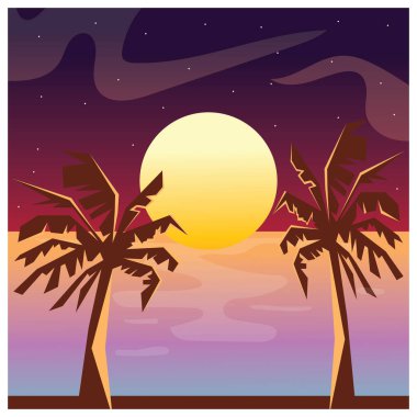 Doğal arkaplan, günbatımı, hindistan cevizi ağacı, dağ, renk vektörü çizimi