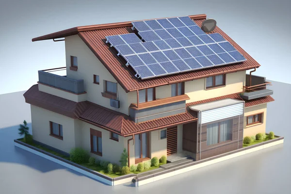 classical hi tech modern house with solar panels on the roof top. Energy saving technology