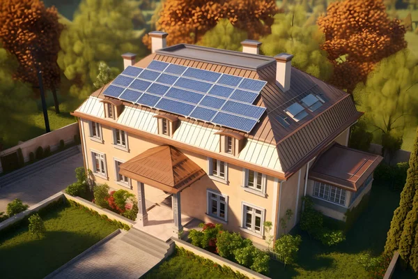 classical hi tech modern house with solar panels on the roof top. Energy saving technology