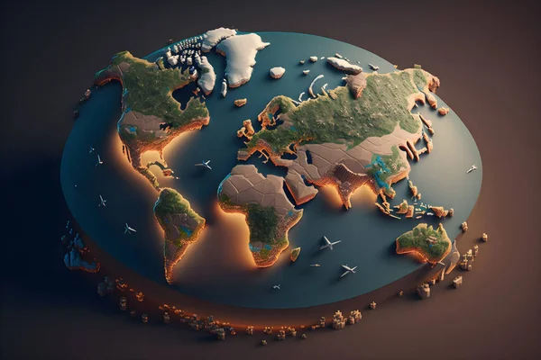 world map layout, image of countries, land and water on the globe, global warming, ice age