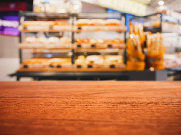 Tabla Productos Panadería Contador Superior Estante Tienda Desenfoque Fondo —  Fotos de Stock