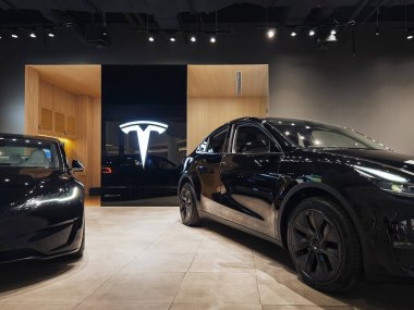 Tesla araba galerisi logosu otomotiv elektrikli araç şirketi TSLA tasarımları: Bangkok, Tayland - 28 Mart 2025 
