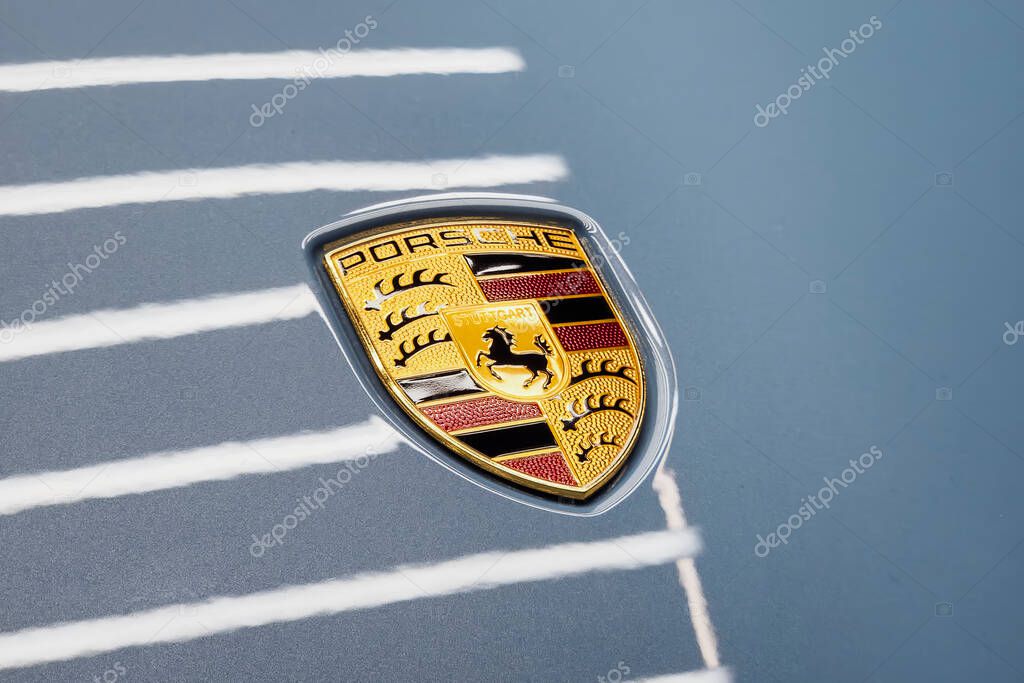 Porsche logo on car Luxury car symbol German automobile : Bangkok, Thailand - Mar 28, 2025