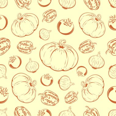 A variety of vegetables from which you get great dishes, tomato, pepper, onion, pumpkin, vector, seamless pattern 