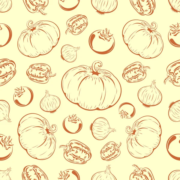 A variety of vegetables from which you get great dishes, tomato, pepper, onion, pumpkin, vector, seamless pattern 