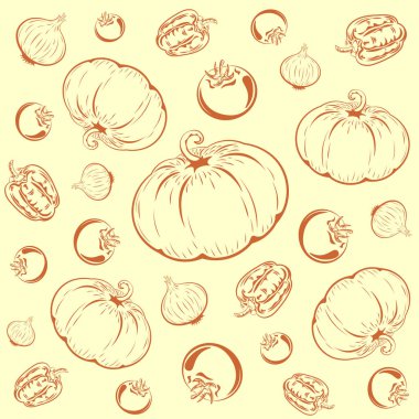 Vegetables with which you can cook many delicious dishes, vegetables, vector, illustration, bell pepper, pumpkin, tomato, omion, contour, background, vitamins, pattern