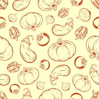 Mutfak hazırlığı için gerekli sebzeler, domates, biber, soğan, patlıcan, balkabağı, vektör, kusursuz desen 