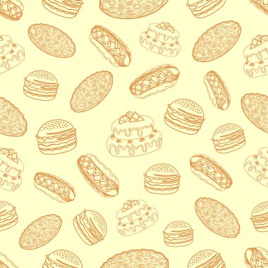 Doğal malzemelerle dolu fast food ve unutulmaz bir tat, pizza, burger, hot-dog, kek, yemek, kontür, vektör çizimi, kusursuz, desen 