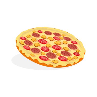 Mantarlı pizza açlığı giderecek ve neşe verecek, lezzetli, izole, vektör, yemek, sosis, mutfak, fast food, mutfak, domates, peynir, gölge, sanat