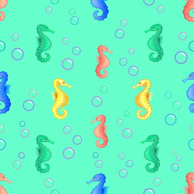 Unusual and beautiful seahorses, inhabitants of the deep sea, ocean, water, seaweed, vector, seamless pattern, colored, art, illustration, background, aqua, blue 