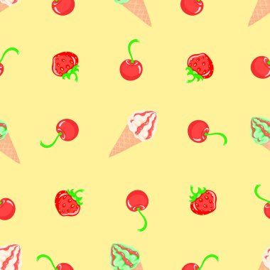 Çilek ve kiraz aromalı dondurma tatlıya lezzetli bir dokunuş ekler. Dondurma, kusursuz desen, vektör, illüstrasyon, yemek, waffle dolandırıcılığı.