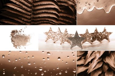 A stunning collage showcasing organic textures, drops, glitter stars, and warm brown tones. Demonstrating color of 2025 year. clipart