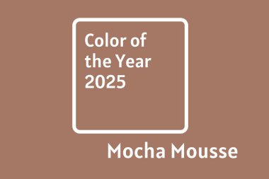 Barselona, İspanya - Aralık 05, 2024. Mocha ve Mousse rengini gösteren bir tasarım fotoğrafı. Bu sofistike ton zarif bir şekilde beyazla çerçevelenmiş. 2025 yılının gösterim rengi.
