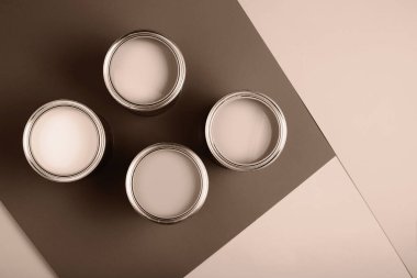 Geometrik yüzeylerde bej ve kahverengi tonlarını gösteren dört açık boya kutusunun üst görüntüsü. Bu minimalist kompozisyon basitlik ve zarafeti vurguluyor. 2025 yılının gösterim rengi.