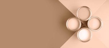 Geometrik desende sergilenen dört yuvarlak boya kutusu, nötr renklerin paletini gösteriyor. 2025 yılının gösterim rengi.