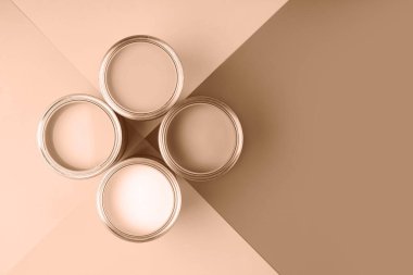 Bej ve kahverengi gölgelerin yer aldığı geometrik bir arka planda dört boya kutusu sergilenmektedir. Bu resim 2025 'in renk eğilimlerini vurgular. 2025 yılının gösterim rengi.