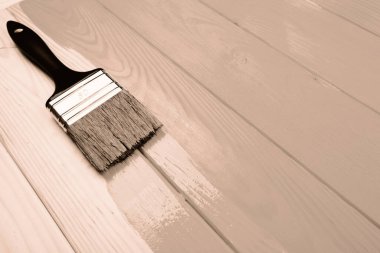 Büyük bir boya fırçasının ahşap zemine boya sürerek yeni ve modern bir tonu ortaya çıkardığı görülüyor. Ev geliştirme ya da iç tasarım projeleri için ideal. 2025 yılının gösterim rengi.