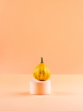 Süslü balkabağı sonbahar Cadılar Bayramı sembolü Pastel turuncu şeftali arka planda geometrik podyumlarda sergilenir