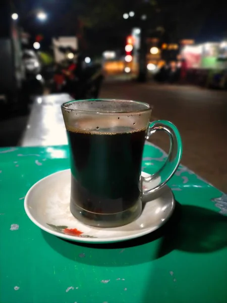 Cup Coffee Served Roadside Stall Very Good Black Coffee Especially — Stock Photo, Image