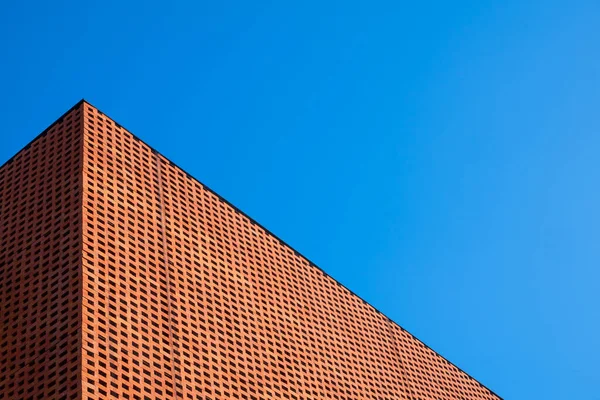 stock image Decorative brick wall on exterior vintage building wall with net covering to prevent the building from getting dirty from birds